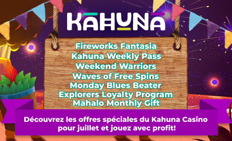Découvrez les offres spéciales du Kahuna Casino pour juillet et jouez avec profit!
