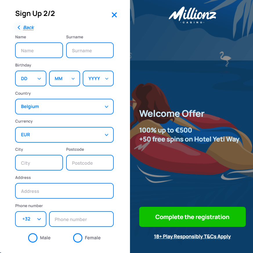 inscription au casino Millionz 2