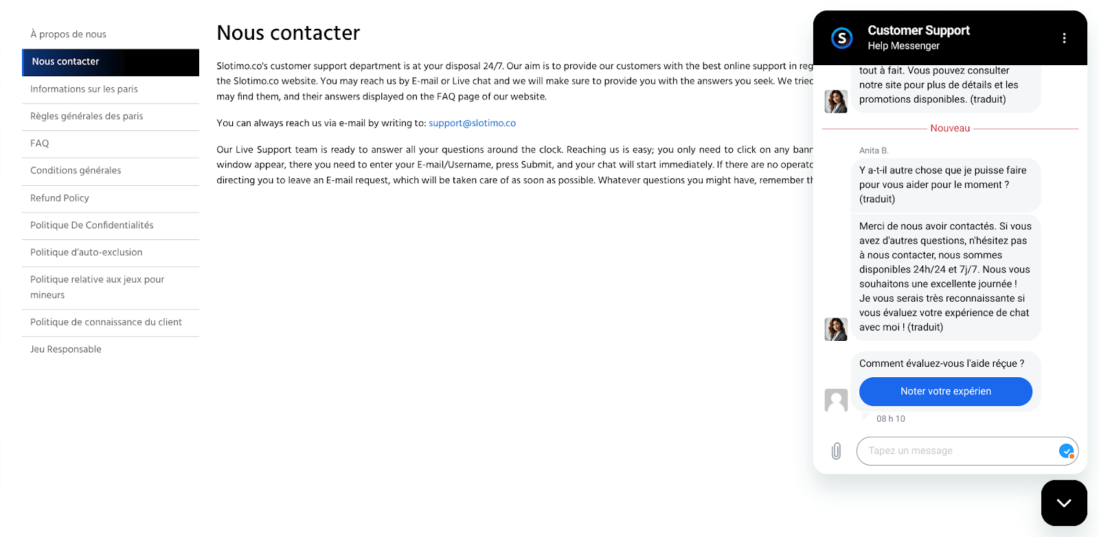 Slotimo Casino support client