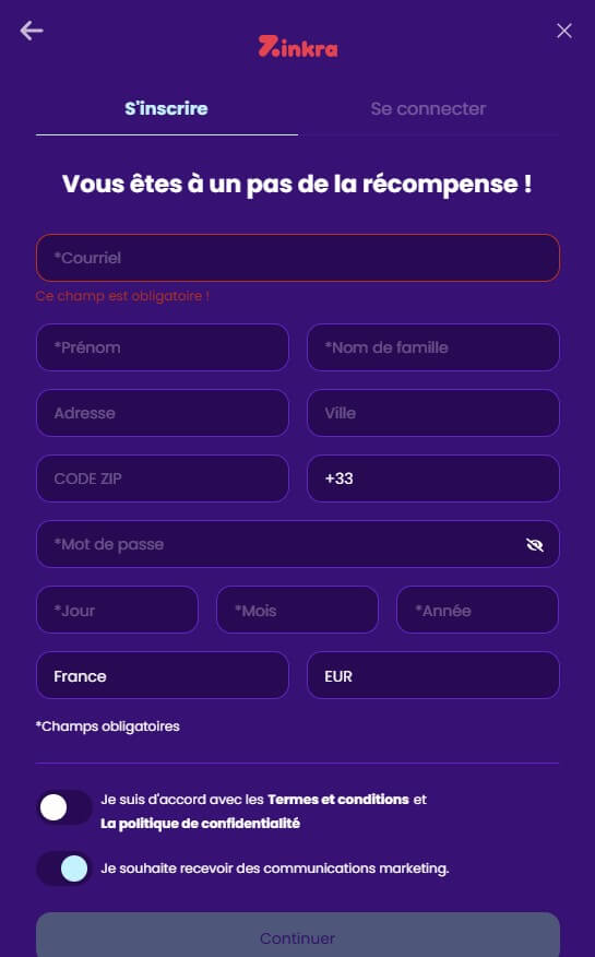 Inscrire sur Zinkra Casino