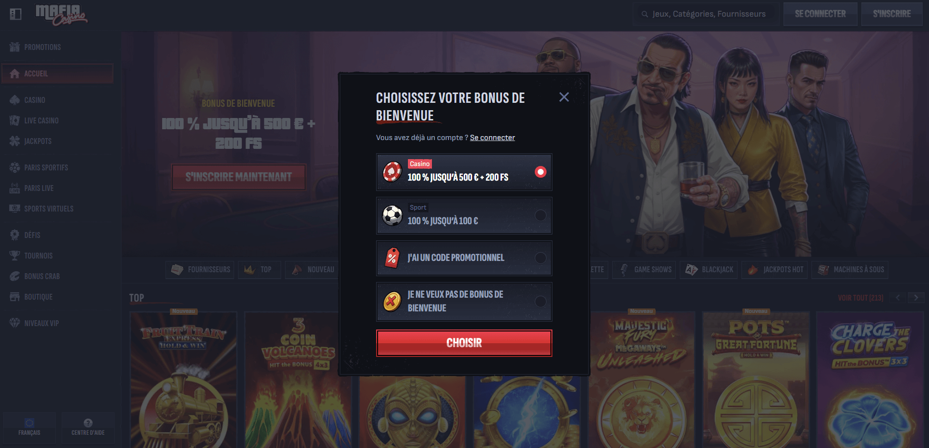 S’inscrire sur Mafia Casino